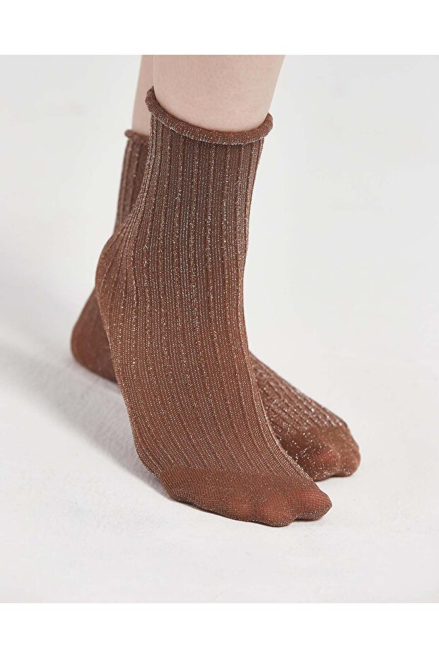 Women's Roll Top Elasticless Glittery Socks Mink