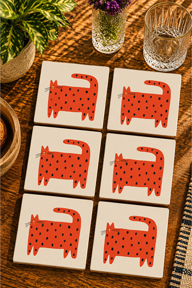 Cute Cat Design Modern Set of 6 Coasters - Uv Printing Mdf - 10X10 cm