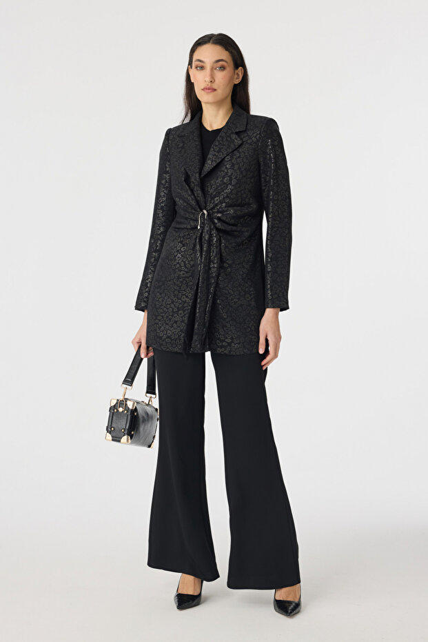 Belt detailed sparkling textured black suit 1883