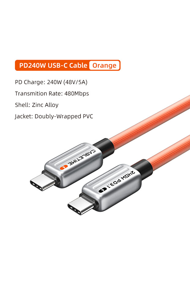 كابل CABLETIME برتقالي بطول 1 متر، USB C إلى USB C، PD240W، كابل شحن USB C، كابل PD 48V5A للشحن السريع