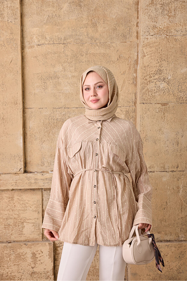 Women's Symmetrical Pattern Waist Tie Shirt Mink