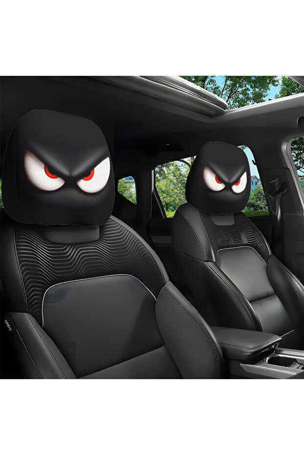 Red 2Pcs Angry Eye Print Car Headrest Covers Elastic Unfilled Durable Comfortable Car Seat Headrest