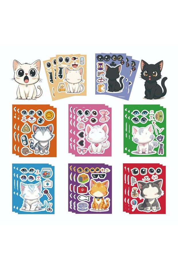 8pcs 8Sheets Cute Cats Make A Face Puzzle Stickers Make Your Own DIY Game Cartoon Jigsaw Education P