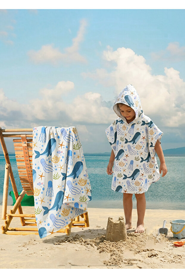 Whale Patterned Poncho and Towel Set (Ages 4-10)