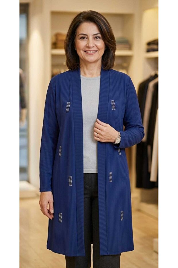 Stone Printed Sandy Fabric Jacket with a Length over 100cm