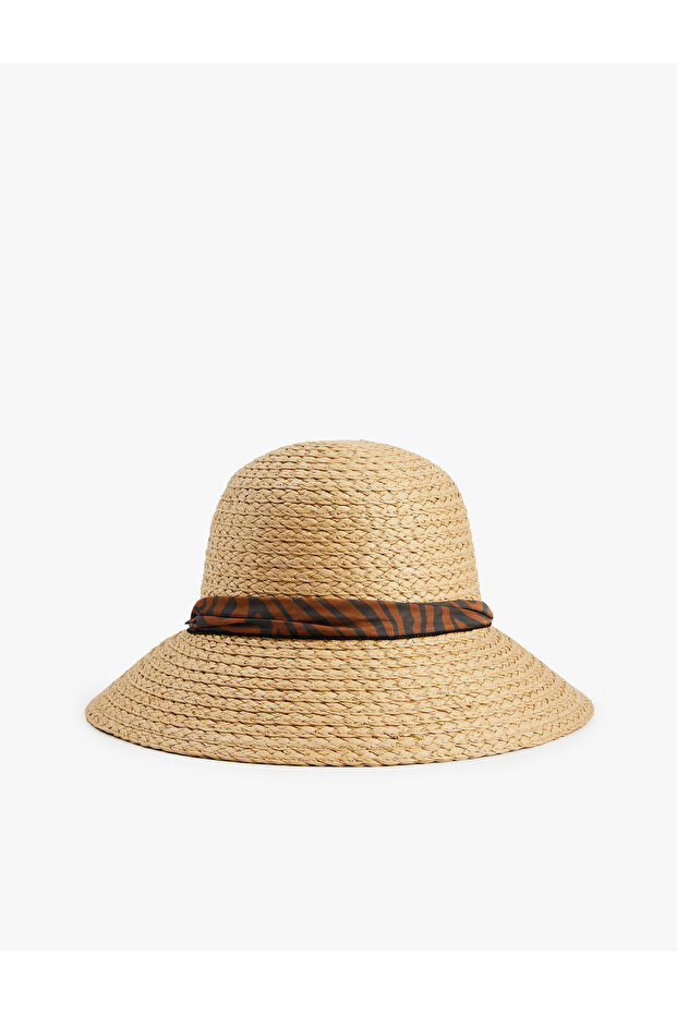 Patterned Scarf Detailed Straw Hat