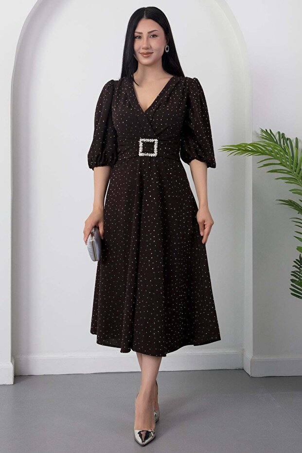 Double-Breasted Long Sleeve Dress with Collar Stone Buckle Dks1368
