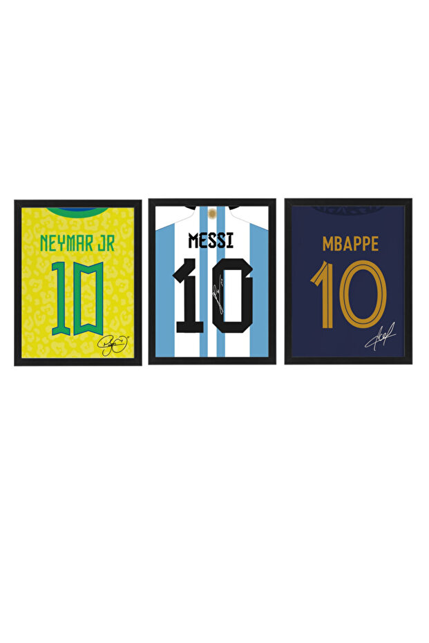 Set of 3, Messi, Neymar and Mbappe Autographed Jersey Poster with Frame 30x40cm