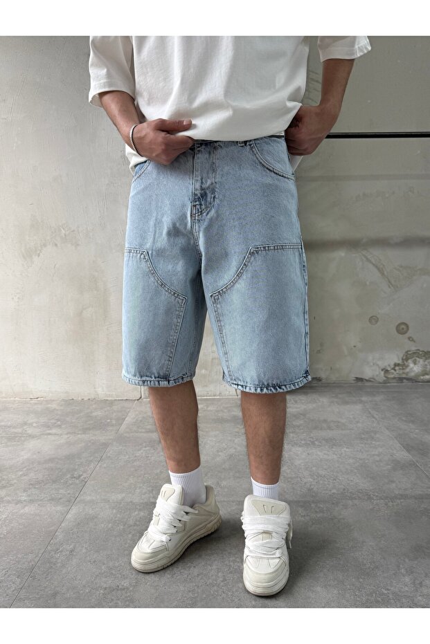 Part Stitched Ice Blue Bermuda Baggy Shorts