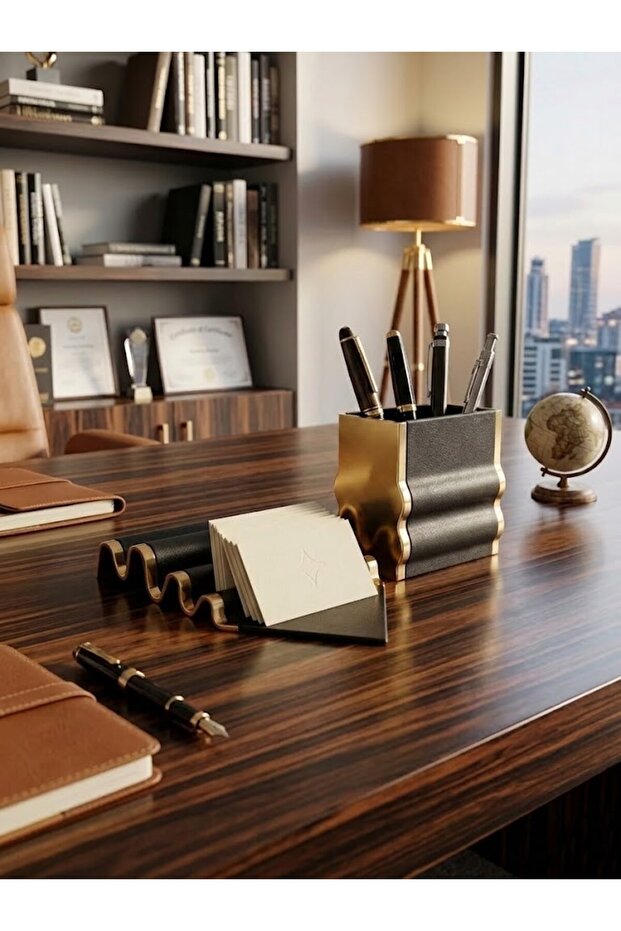 Luxury Leather and Gold Detailed Office Desktop Set - Horizontal Stand and Pen Holder
