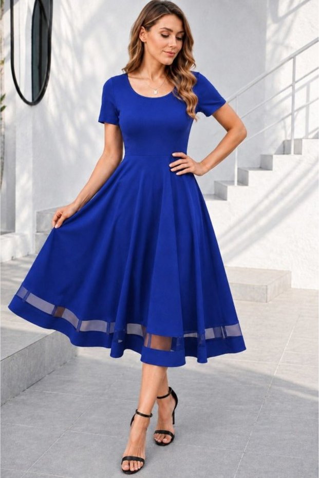 Women's Short Sleeve Round Neck Tulle Detailed Midi Janjan Crepe Dress