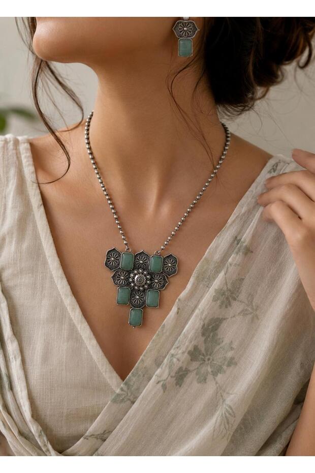 Oxidized Silver Mint Green Jewelry Set