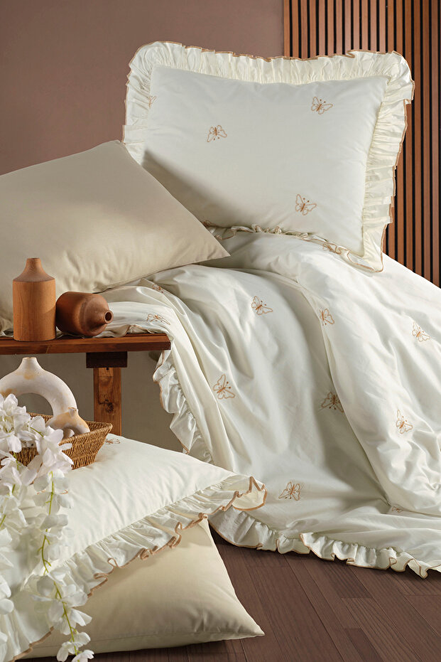 Ranforce 100% Cotton Double Duvet Cover Set with Embroidery and Ruffle Detail