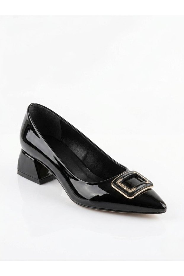 Vera Black Stone Detailed Gold Square Buckle Patent Leather Pointed Toe Block Heeled Women's Stiletto