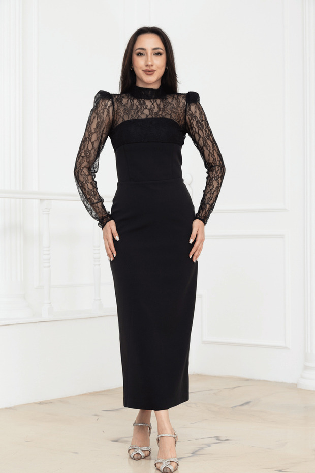Strapless Dress with Lace Bolero Detail - Black