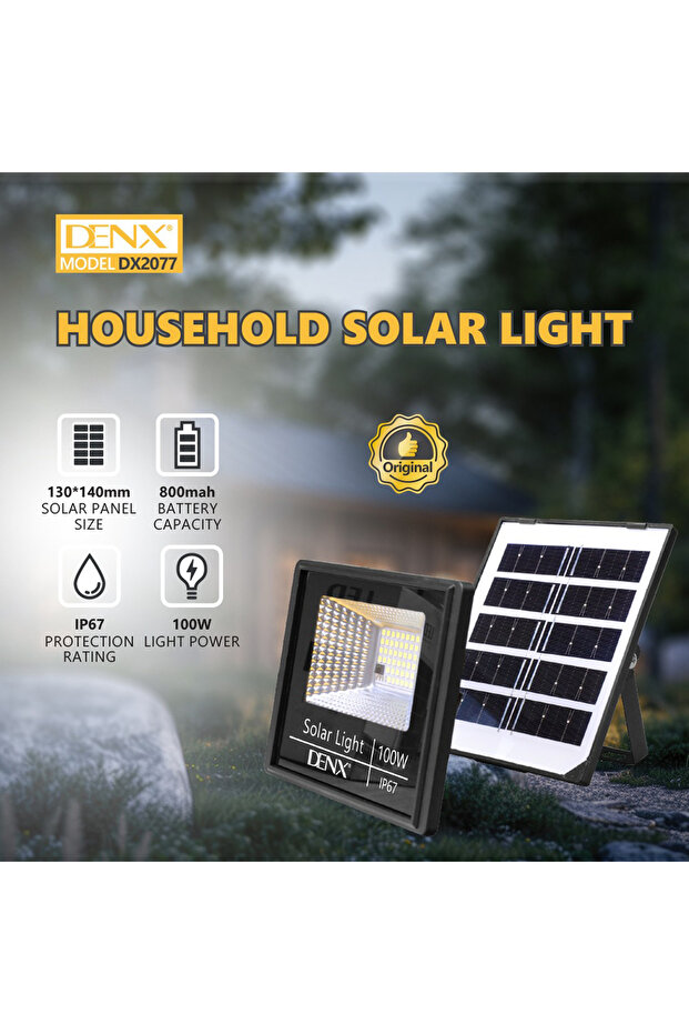 مصباح DENX DX2077 بقوة 100 واط يعمل بالطاقة الشمسية | إضاءة LED عالية الكفاءة بتقنية COB | كشاف أمان خارجي مقاوم للماء