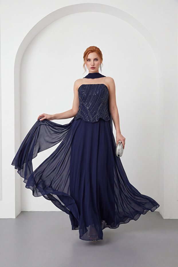 Women's Navy Blue Shawl Collar Beaded Long Chiffon Evening Dress