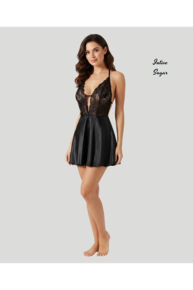 Intive Sugar Black Satin Lace Front and Low-Cut Mini Nightgown with Cross Straps at the Back