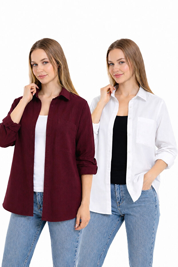 2-Piece Linen Shirt 100% Cotton Burgundy White