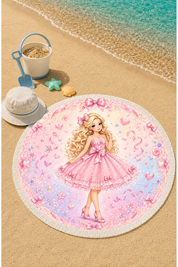 Pink Princess Girl's Round Beach Towel with Tassels 150 cm