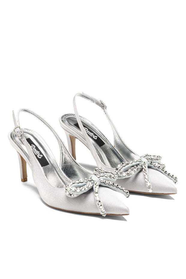 Women's Short Heeled Open-Back Pointed Toe Stone Embellished Bow Satin Evening Dress Shoes 14050