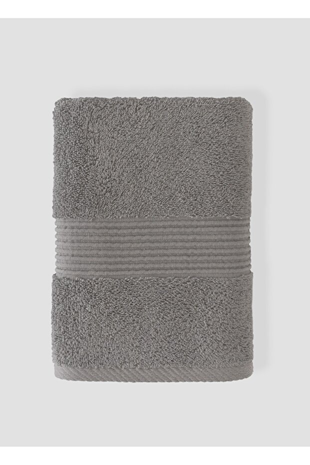 Stripe Hand and Face Towel with Striped Border, 100% Certified Cotton, 1 Piece, 50X90Cm - Gray