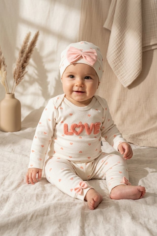 100% Cotton Mia Love Heart Patterned 3-Piece Baby Set with Bow Detail - Salmon/White 3-9 Months