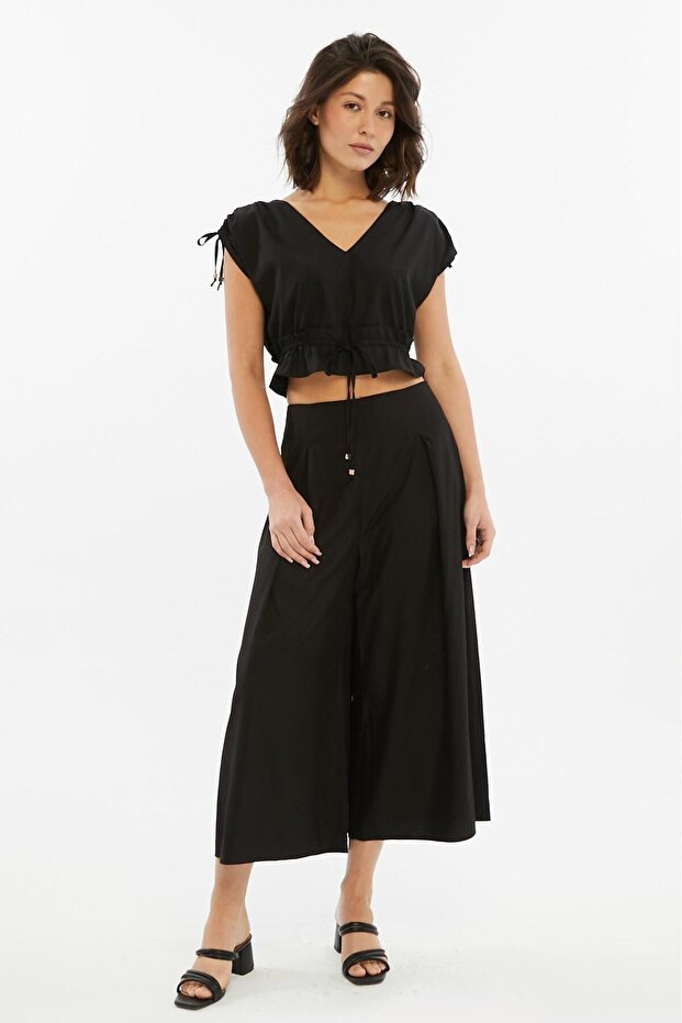 Women's V-Neck Suit with Shoulder and Waist Tie Detail