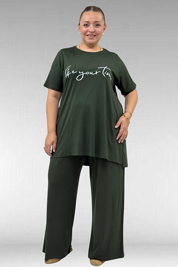 68504 Plus Size Short-Sleeved Printed Combed Cotton Tunic - Khaki