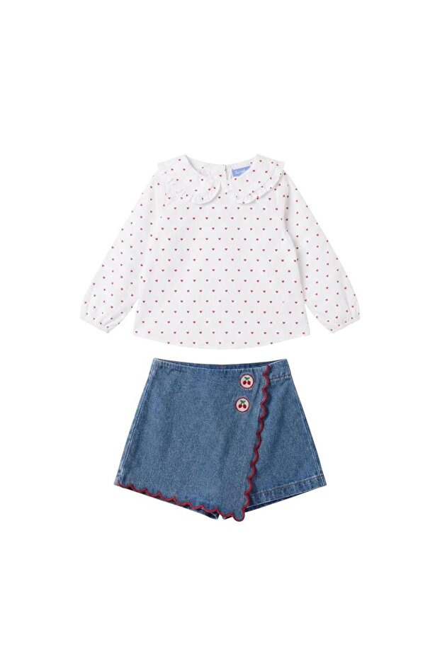 Girl's Cherry Embroidered Denim Shorts Skirt
