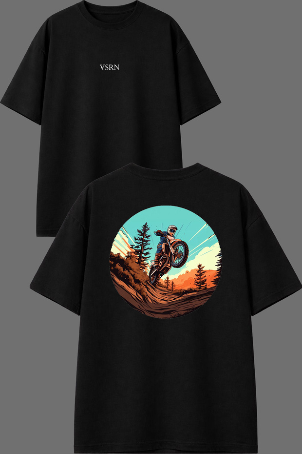 Round Cross Design Front and Back Printed Black Oversize T-Shirt