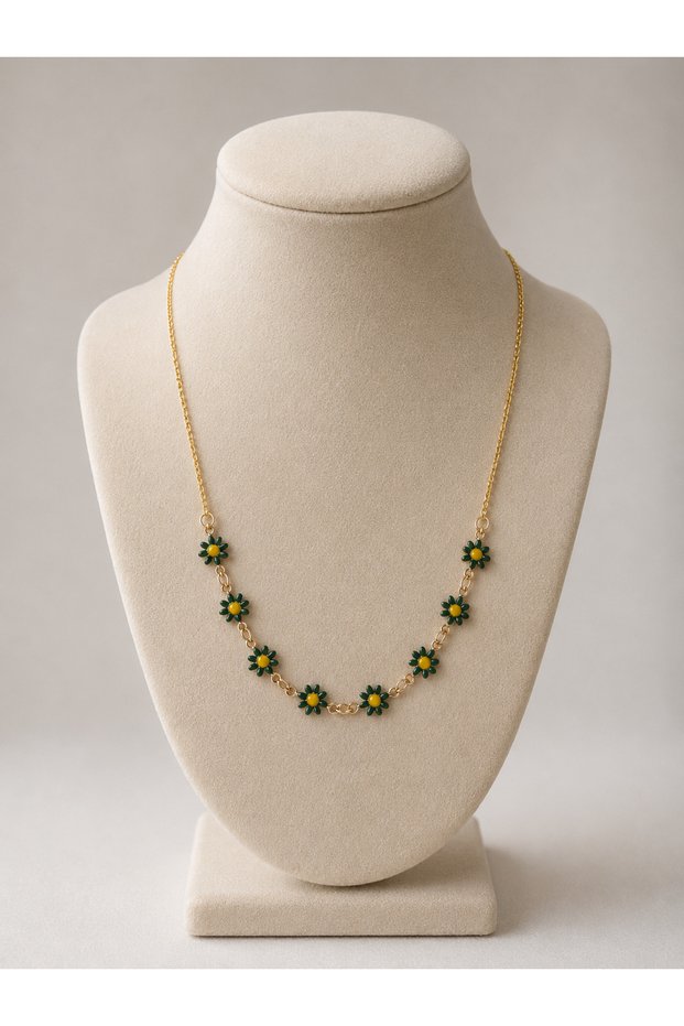 Gold Necklace with Green Daisy Detail | Minimalist Women's Necklace with Colorful Flower Figures
