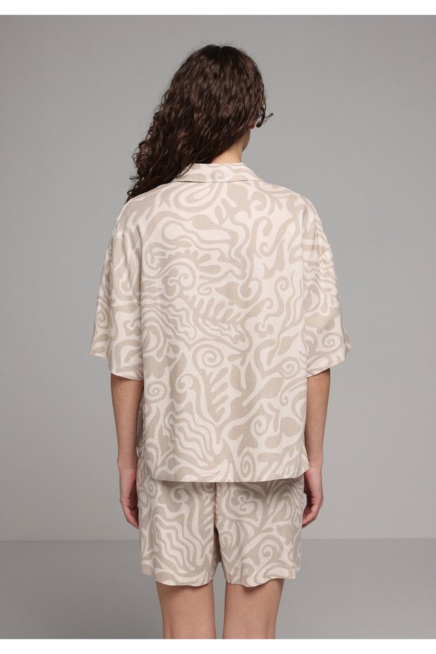 Fashion Fit Shirt Neck Metraj Printed Women's Beige Short Sleeve Shirt