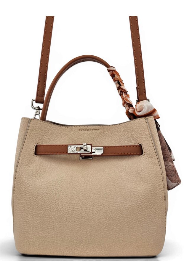 Mink, Lock and Scarf Detailed, Puppy-Printed, Cross Strap, Small, Women's Hand and Shoulder Bag
