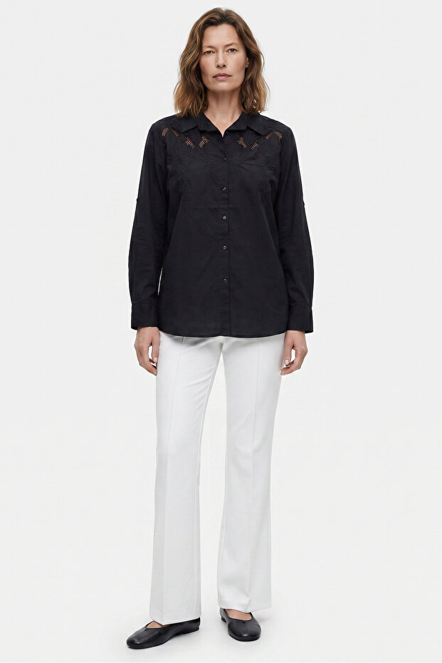 Embroidered Cotton Shirt with Folded Sleeve Detail - Black