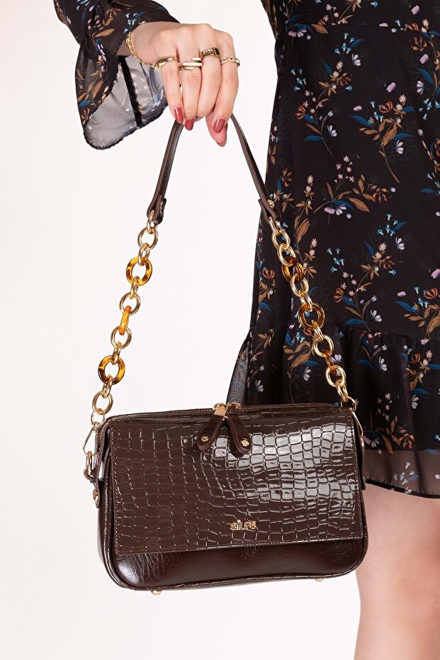 Women's Double Compartment Hand and Shoulder Bag Ald.1153 Brown Croco