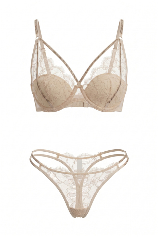 Skin Color Crystal Embellished and Lace Bra Panty Set
