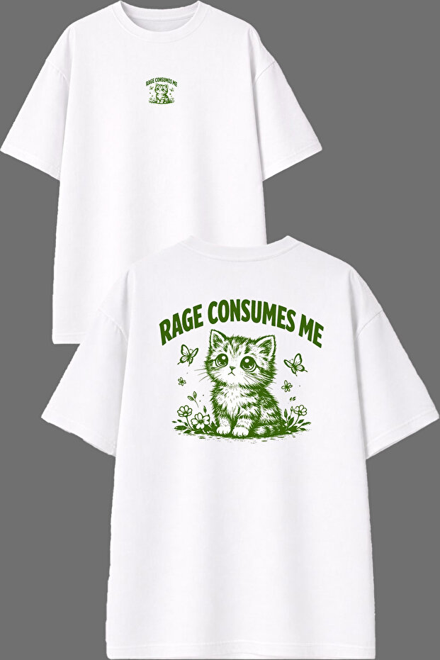 تي شيرت أبيض كبير الحجم مطبوع من الأمام والخلف بتصميم "Rage Consumes Me"