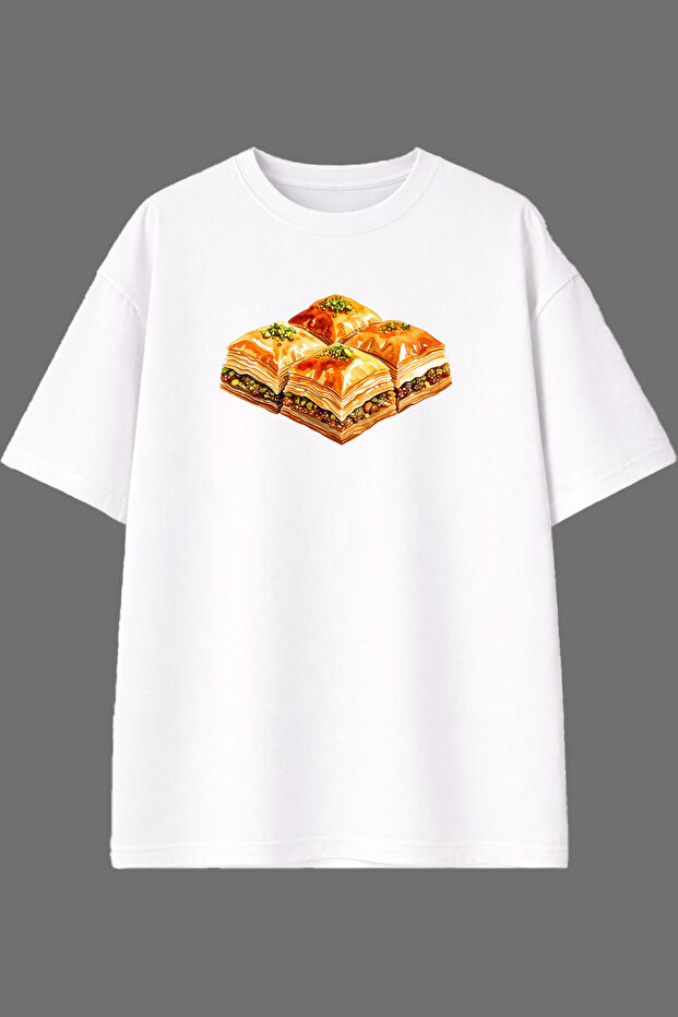 Turkish Baklava Design Front Printed White Oversize T-Shirt