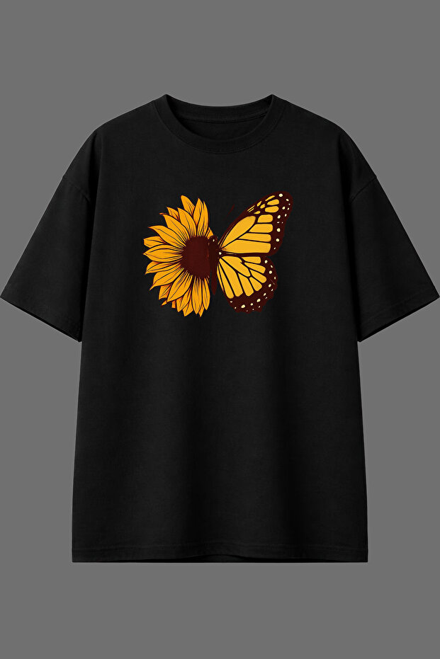 Daisy Butterfly Design Pre-Printed Black Oversize T-Shirt