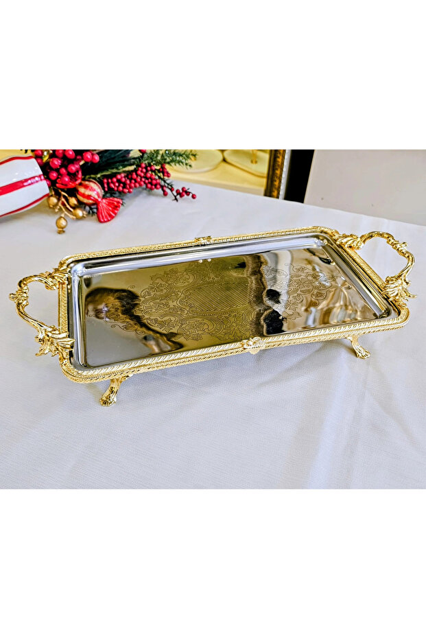 Rectangular Tray with Cast Metal Frame 35*19 Gold