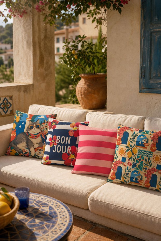 Set of 4 Mediterranean Themed Decorative Throw Pillow Covers | Colorful Digital Printed Modern Sofa Cushion Cover 43X43 cm