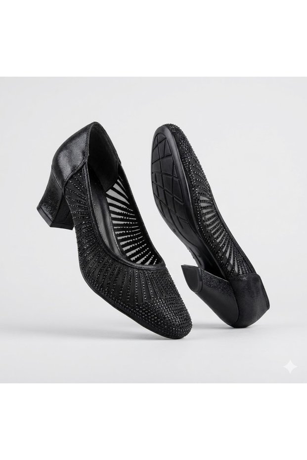 (Park Moda) Damlataş Detailed Heeled Women's Shoes Black to Black