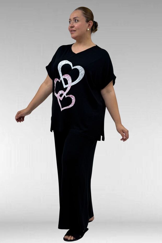 67803 Large Size Combed Cotton Pajama Set with Side Slits - Black
