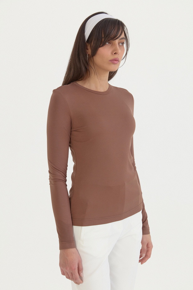 Basic Knitted Rayon Blend Blouse - Brown - 2
