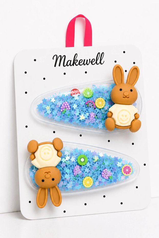 2-Piece Children's Snap Hair Clips with Rabbit Figures – Transparent Glittery Colored Hair Clip Set
