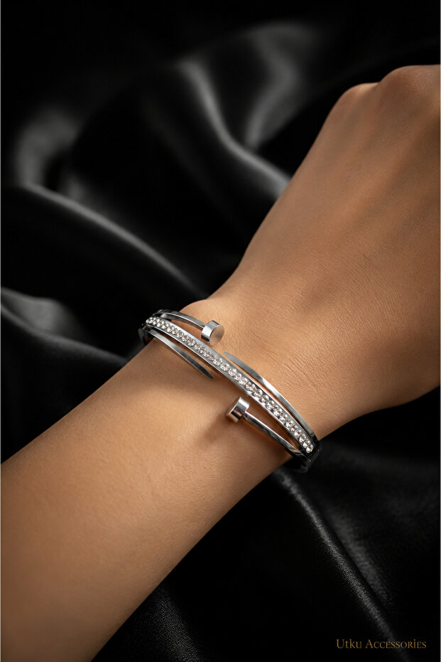 Stainless Steel Silver Stone Cuff Steel Bracelet