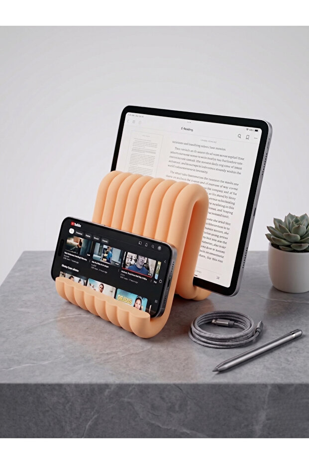 حامل هاتف وتابلت بتصميم مموج حديث، حامل مريح لسطح المكتب، ملحق ديكوري - برتقالي