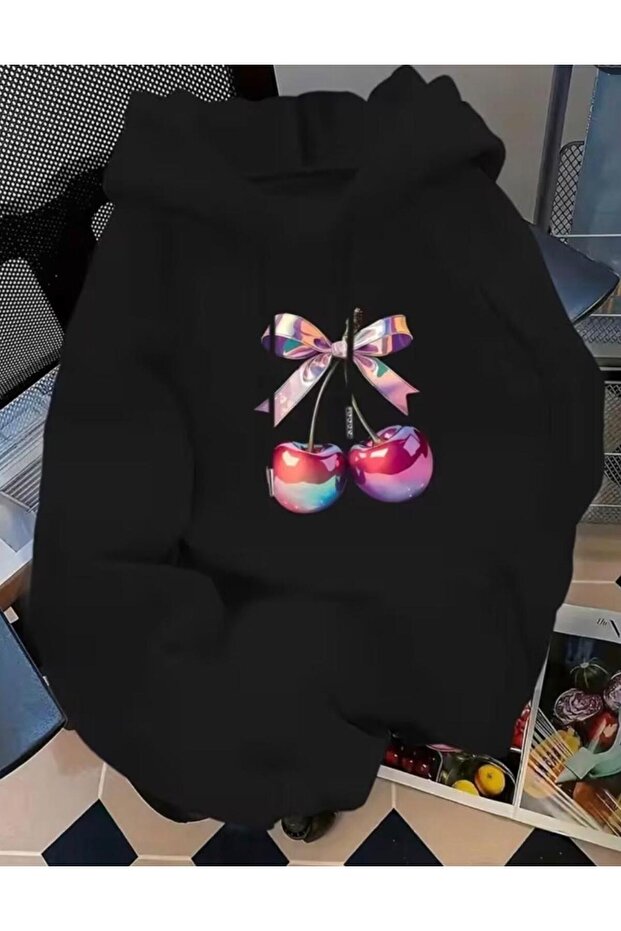 Hooded Colorful Cherry Printed 2-Yarn Shardoon Sweatshirt for Girls