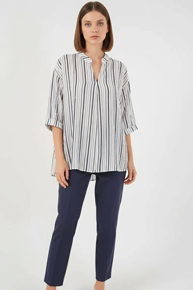 Women's V-Neck Oversize Striped Viscose Navy Blue Blouse
